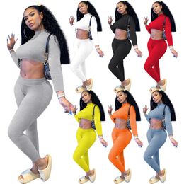 Wholesale Knitted Ribbed Tracksuits Two Piece Set Women Outfits Pullover Sweatshirt Crop Top Pants 2pc matching set Fall Winter Solid Sweatsuits 6929