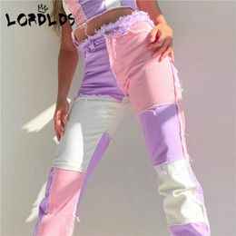 LORDLDS Pink patchwork Jeans women High waist Hip hop straight Jeans ladies trousers female denim for woman 210203