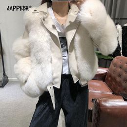 Kvinnors Fur Faux Coat Kvinnor 2021 Höst Vinter Tjock Varm Slim Lokomotiv PU Läder Jackor Kvinna Casual Vintage Oversized Kläder