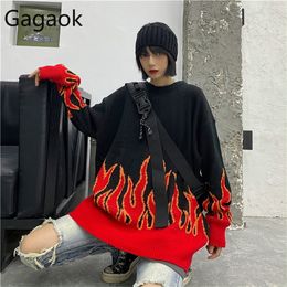 Gagaok Loose Harajuku Women Sweater Knit Top Spring Autumn Flame Sweaters Female Fashion Long Outfit Pullovers Plus Size LJ200815