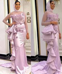 Lavender Lilac Muslim Evening Formal Dresses 2022 Ruffles Skirt Long Sleeve Lace Beaded Satin hijab Caftan Prom Reception Gown