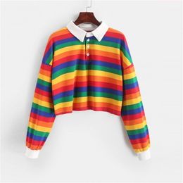 QRWR Polo Shirt Women Sweatshirt Long Sleeve Rainbow Colour Ladies Hoodies With Button Striped Korean Style Sweatshirt Women 201212