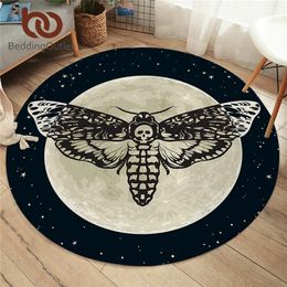 BeddingOutlet Death Moth Round Area Gothic Skull Floor Butterfly Moon Star Living Room Carpet Polyester Rug Mat Dropship 201212