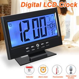 Black LCD Digital Table Clock Calendar Temperature Desktop Display Sound Control Alarm Clock Y200407