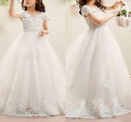 2021 Elegant Beads Lace Appliqued Little Girl's Pageant Dress Short Sleeves First Communion Gowns Tulle Wedding Flower Girl Dresses AL8279