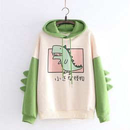 Dinosaur Sweatshirts Women Hoodies Warm Pullovers Tops With Horns Harajuku Hooded Girls Teens Cute Kawaii Hooded Sweatshirts New 201109