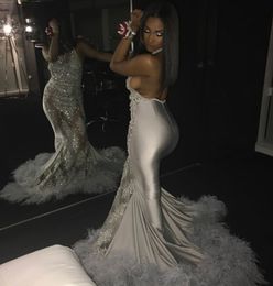 Silver Appliqued Lace Mermaid Prom Evening Dress Sexy Illusion Feather Party Gown Sexy African Black Girl High Neck Pageant Dresses