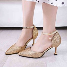 Dress Shoes Plus Size 43 Women Wedding Gold Heels Ankle Strap Pumps High Silver Bridal Woman Bling 7729 220309