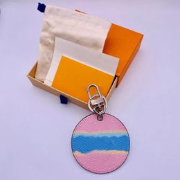 No Box Blue Pink keychain L letter Print Round Shape leather keychains car fashion Men Women key ring lanyard cute key wallet chai271u