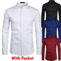 Stand Collar White Mens Dress Shirts Single Pocket Slim Fit Wedding Shirt Men Chemise Homme Solid Color Casual Button Down Shirt LJ200925