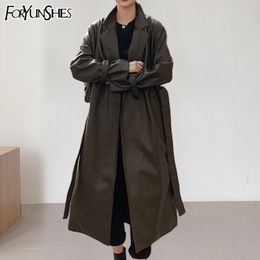 FORYUNSHES Winter Women's PU Windbreaker Notched Collar Fall New Fashion Belt Trench Coat Ladies Faux Leather Long Coats 201030