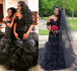 Vintage Black Mermaid Wedding Dress 2022 Sexy Off The Shoulder Lace Appliques Plus Size African Bridal Gowns Ruffles Chapel Train Vestido De Novia VOG343