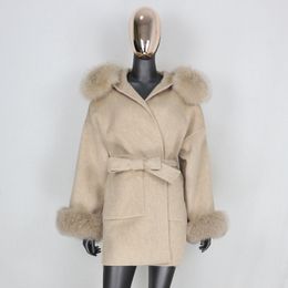 2022 Real Fur Coat Winter Jacket Women 100% Natural Fox Fur Collar Cuffs Cashmere Wool Blends Oversize Outerwear New