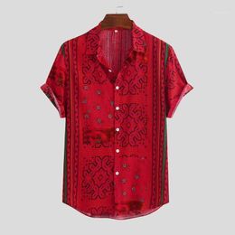 Feitong Men's Stripe Shirt Summer 2020 Buttons Down Short Sleeve Loose Hawaiian Shirt Casual Printed Red Blusas12084