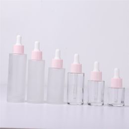 Empty Transparent Frosted Clear Flat Shoulder Glass Dropper Bottle With Pipette For Serum Essential Oil