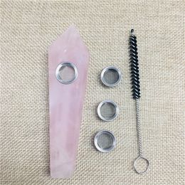 Natural pink quartz crystal smoking pipe rock cigarette holder + 3 filter + 1pc brush 201125