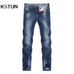 KSTUN Jeans Men Stretch Summer Blue Business Casual Slim Straight Jeans Fashion Denim Pants Male Trousers Regular Fit Large Size 201117