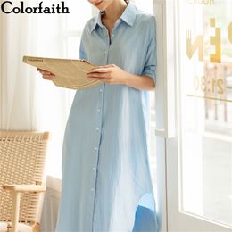 Colorfaith New Women Dresses Autumn Spring Loose Casual High Waist Straight Long Shirt Dress Solid Single Breasted LJ200818