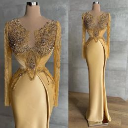 Vintage Long Gold Evening Dresses Appliques Long Sleeves Shiny Beads Crystals High Split Birthday Party Prom Gowns Robe De Soiree CG001