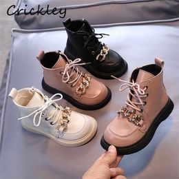 Crystal Metal Chain Girls Fashion Boots PU Leather Solid Ankle Shoes For Children Spring Autumn Zip Soft Anti Slip Kid 211227