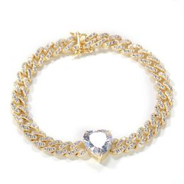 Hot Fashion Women Bracelet Anklets Yellow Gold Plated Bling CZ Heart Cuban Chain Anklets Bracelet for Girls Women for Party Wedding