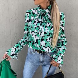 Women's Blouses & Shirts Autumn Ladies Office Print Shirt 2021 Women Long Sleeve Single Breasted Tunic Chic Tops Elegant Turtleneck Bow