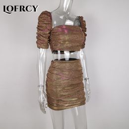 Lofrcy Sexy Sequin 2 Piece Set Women Crop Top and Skirt Glitter Club Outfits Puff Sleeve Square Neck Ruched Dress Matching Sets 201027
