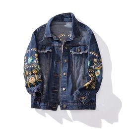 Denim Jacket Women Spring Streetwear Single Breasted Floral Embroidery Turn-down Collar Plus Size 3XL 4XL 5XL Jean Jackets 201112