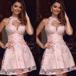 2019 Homecoming Dresses A-line Halter Short Mini Tulle Appliques Lace Cocktail Dresses Homecoming Dresses HOME homecoming