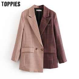 Women Suits Plaid Long Blazer Vintage Spliced Asymmetrical Jacket Ladies Double Breasted Coat 201023