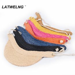 Wholesale 7 Colors Female Visor Cap Handmade Raffia Empty Top Caps Ladies Summer Beach Hats Adjustable Size Holiday Gift NH1058 Y200602