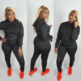 New Plus size 3XL Fall winter Women jogger suit tracksuits pullover hoodies+pants ripped holes two piece set casual outfits 4163