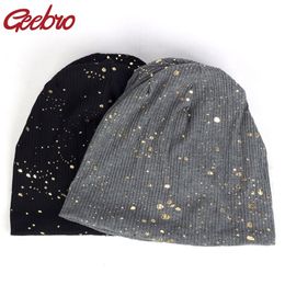 Geebro Women's Fashion Slouchy Splatter Paint Beanie Hat Metallic Color Ribbed Cotton Beanies for Femme Black Bronzing Skullies Y201024