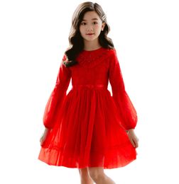 Sweet Girls Christmas Party Dress INS children Puff sleeve lace gauze dresses kids beaded lace falbala thicken princess clothing A5033