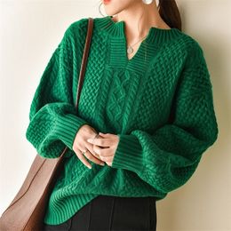 Autumn Winter Cashmere Sweater Woman Retro Green V-neck Pullover Turtleneck Clothes Women Oversized Knitted Long Sleeve 201128