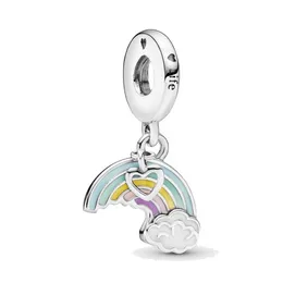 Fine Jewellery Authentic 925 Sterling Silver Bead Fit Pandora Charm Bracelets Rainbow & Cloud Dangle Charms Safety Chain Pendant DIY beads