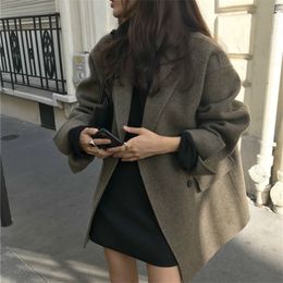 Women Winter Elegant Short Cashmere Overcoat Wool Coat Loose Long Sleeve Double Breasted Parka Oversized Chic Cloak 201222