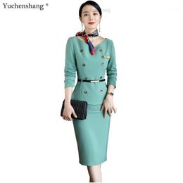Two Piece Dress Elegant Ladies Women Button Decoration Blazer And Skirt Suit Green Black Apricot Formal 2 Set Of High Quality1