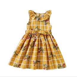 Lace Plaid printed baby girl sleeveless dress round collar girls princess floral summer skirts with belt children casual clothing
