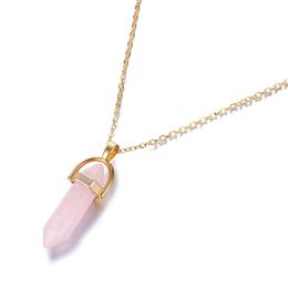 Personality Hexagonal Column Quartz Necklace Pendant Fashion Natural Stone Bullet OPal Pink Crystal Pendant Necklace Ladies Jewelry