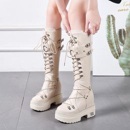 Lace Up Knee High Boots for Women Wedge Long Boots Metal Buckle Punk Women Height Increasing Shoes 2020 Motorcycle1