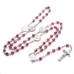 Red Crystal Rosary Necklace With Cup Vintage Jesus Cross Pendant Necklace Long Religious Pray Jewellery Gift For Men Women