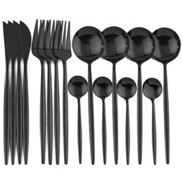 16Pcs Black Cutlery 18/10 Stainless Steel Dinnerware Kitchen Gold Tableware Knife Fork Spoon Dinner Set Gift Box 201019