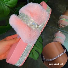 Summer Luxury Women Slippers Furry Upper Crystal Platform Heel Solid Colour Outdoor Beach Slides Sexy Comfor Sandals Ladies Shoes X1020