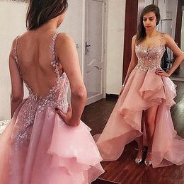 Backless Pink Prom Dresses Crystals Beaded Spaghetti Straps Illusion Ruffles Side Slit Sweep Train Lace Applique Evening Party Gown 403 403