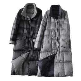 Women Double Sided Long Down Jacket Winter Turtleneck Plaid White Duck Down Coat Female Warm Parkas Snow Outerwear Woman 201110