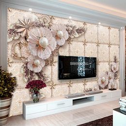 Custom Mural Wallpaper Luxury 3D Stereoscopic Jewelry Pearl Flower Living Room Sofa TV Background Wall Painting Papel De Parede