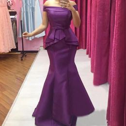 Setwell Off The Shoulder Mermaid Evening Dresses Sleeveless Pleated Tiered Satin Floor Length Prom Party Gowns