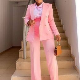Business Women Blazer Sets 2 Piece Outfits Pink Jacket Wide Leg Pants Suit Elegant Fall Winter Formal Suits Party Office Clothes 220315