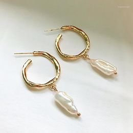 sterling metals NZ - Charm SRCOI Gold Color Metal Freshwater Pearl Hoop Earrings S925 Sterling Silver Pin Geometric Circle Wedding Women Jewelry1